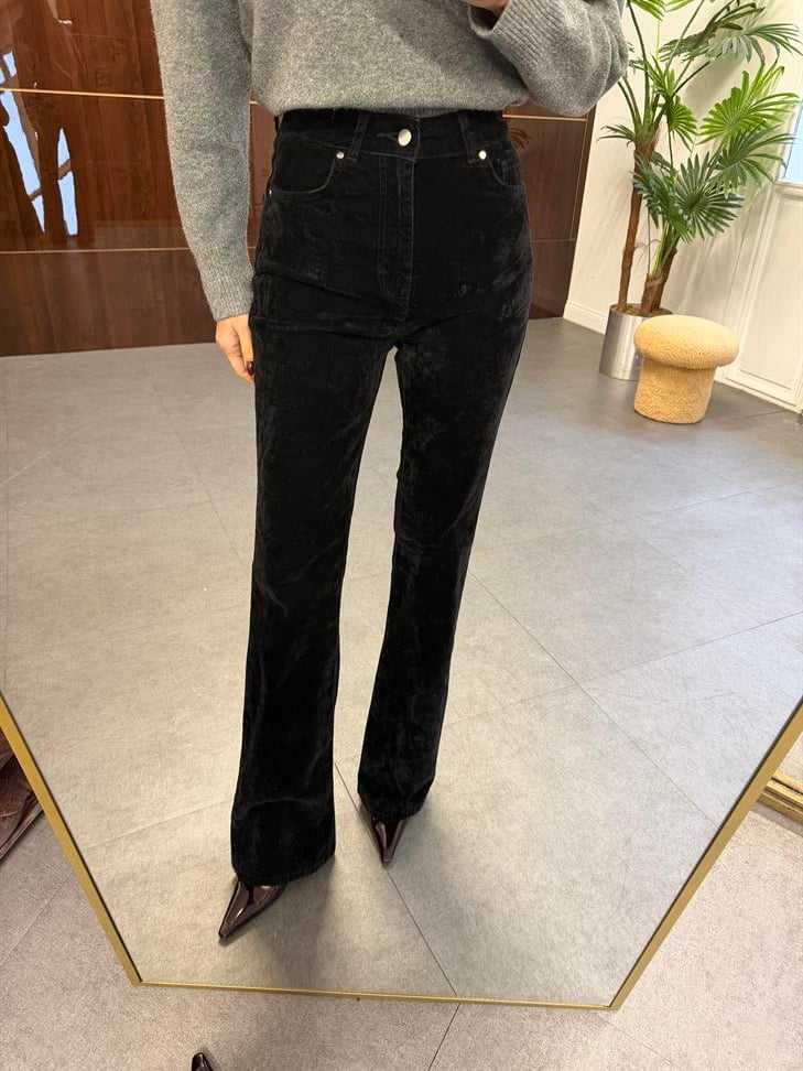 Siyah Flok Kaplama Flare Pantolon