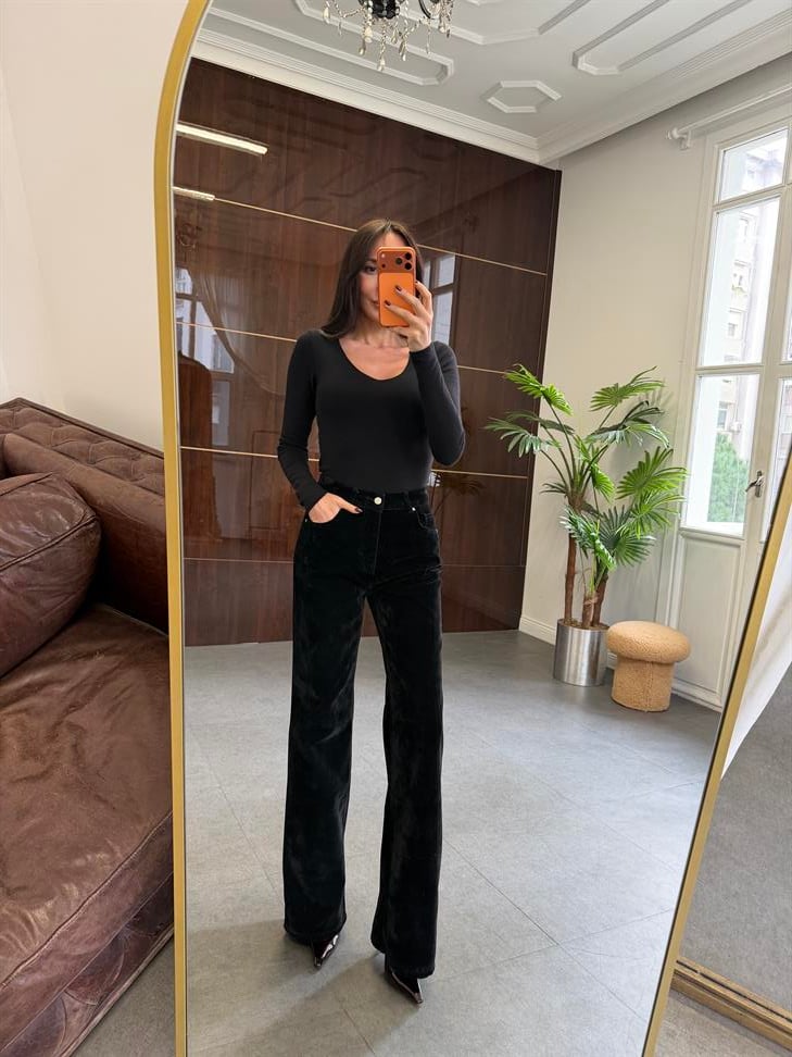 Siyah Flok Kaplama Wide Leg Pantolon