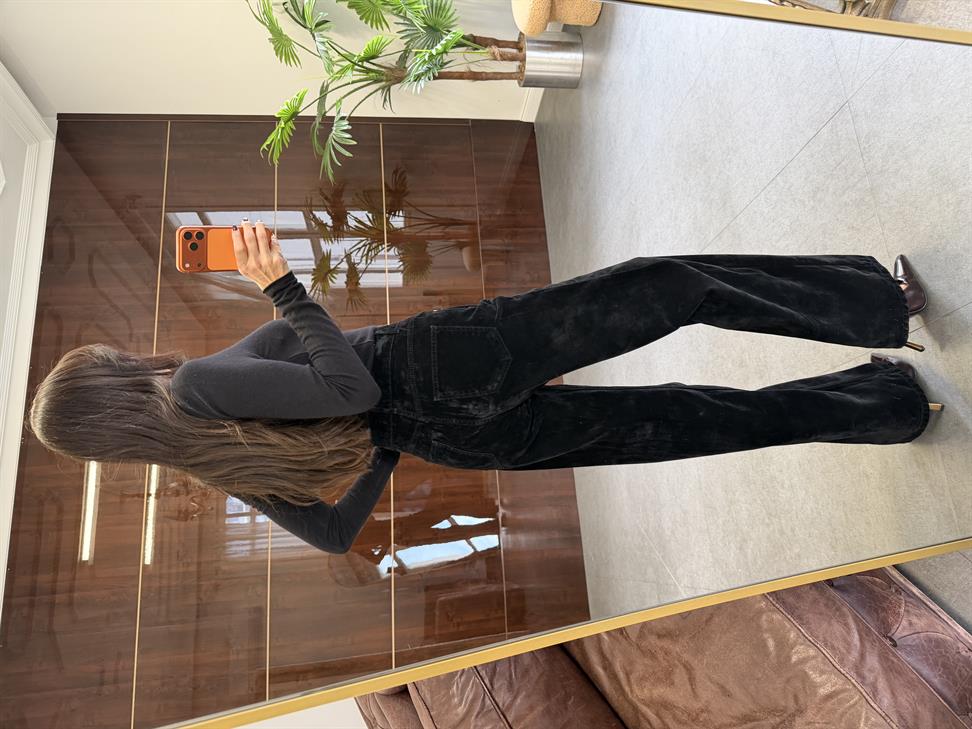 Siyah Flok Kaplama Wide Leg Pantolon