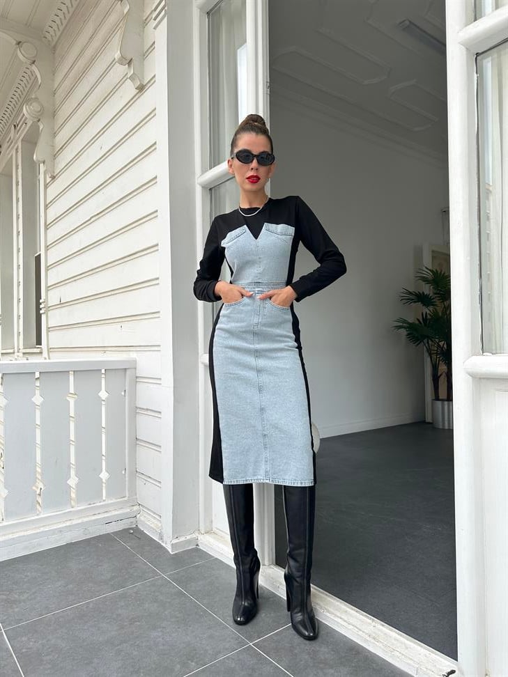 Siyah Garnili Midi Elbise