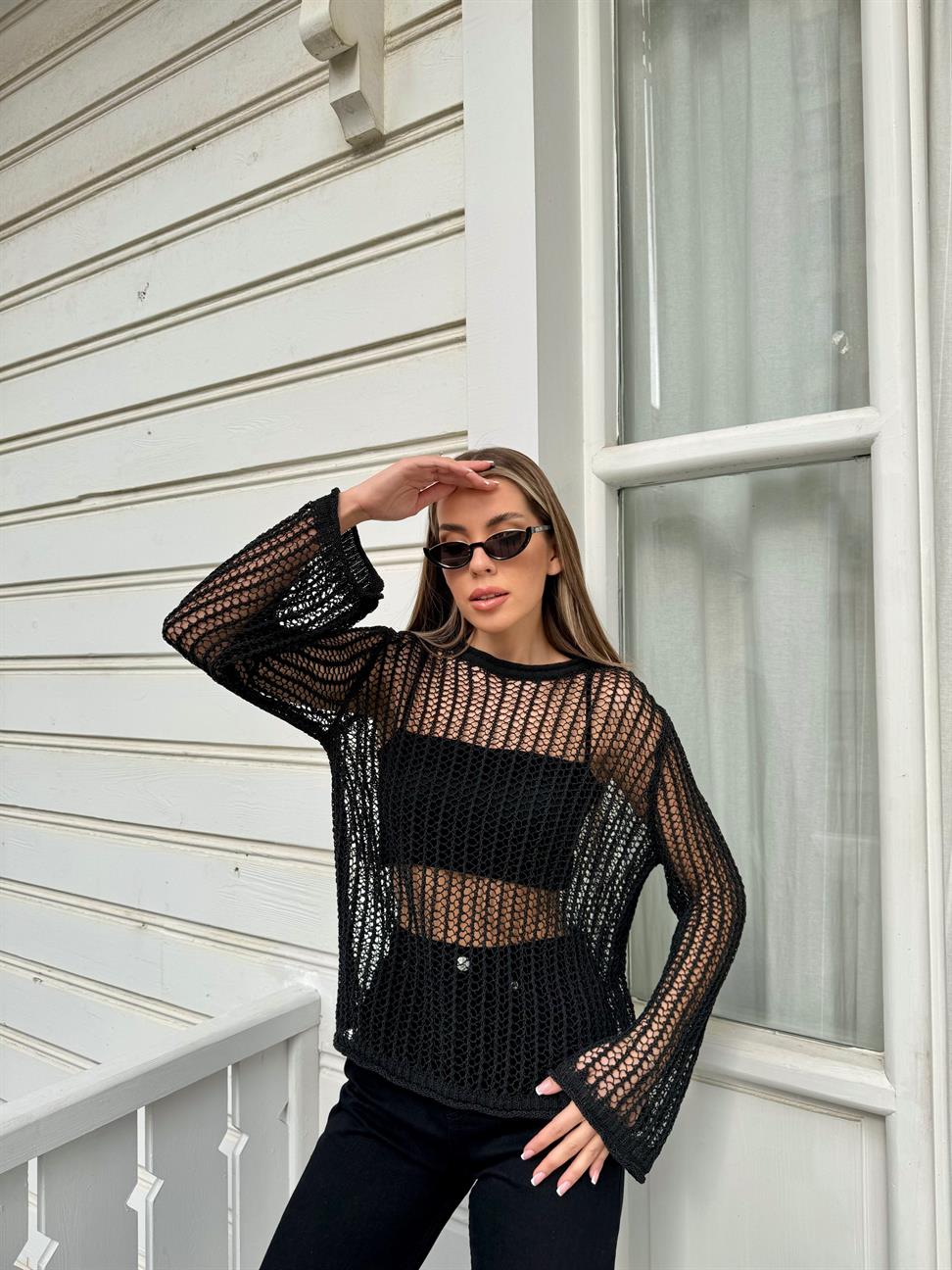 Siyah Geniş File Merserize Triko