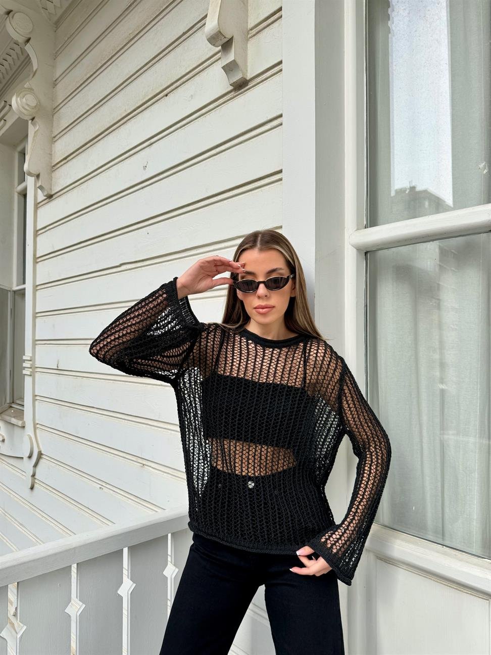 Siyah Geniş File Merserize Triko