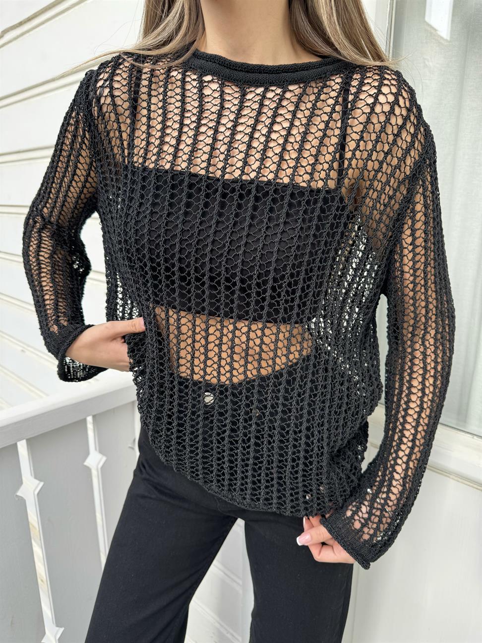 Siyah Geniş File Merserize Triko