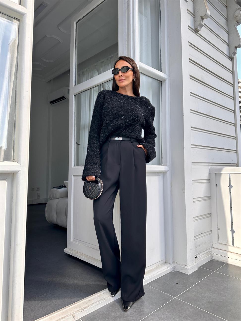 Siyah Geniş Paça Kadın Kumaş Pantolon