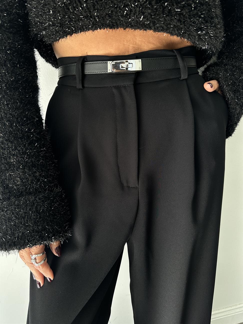 Siyah Geniş Paça Kadın Kumaş Pantolon