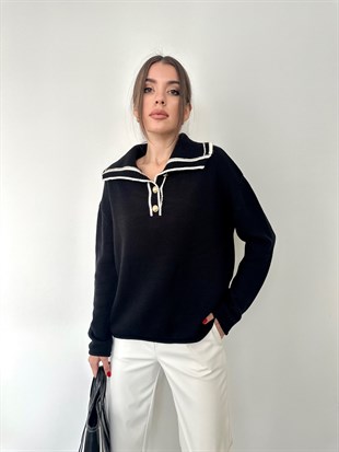 Siyah Geniş Yakalı Kazak