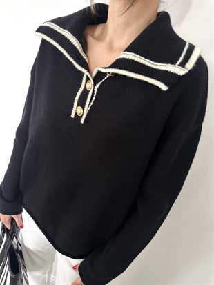 Siyah Geniş Yakalı Kazak