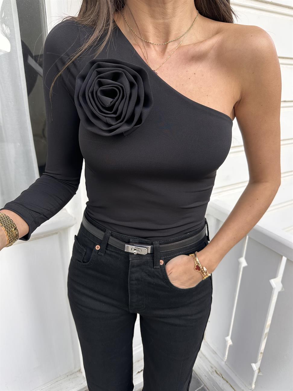 Siyah Gül Detay Tek Kol Bodysuit