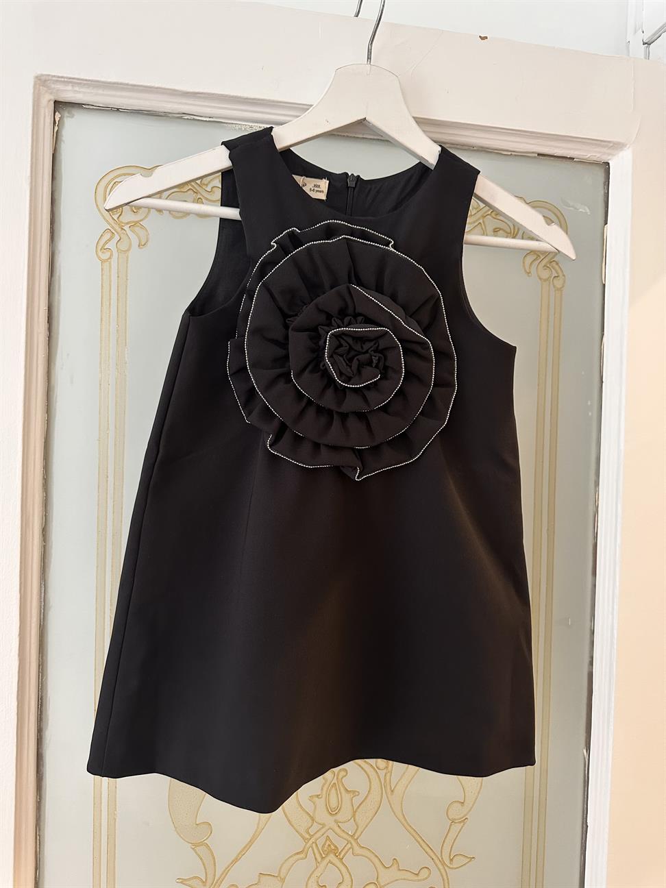 Siyah Gül İşleme Kız Çocuk Elbise