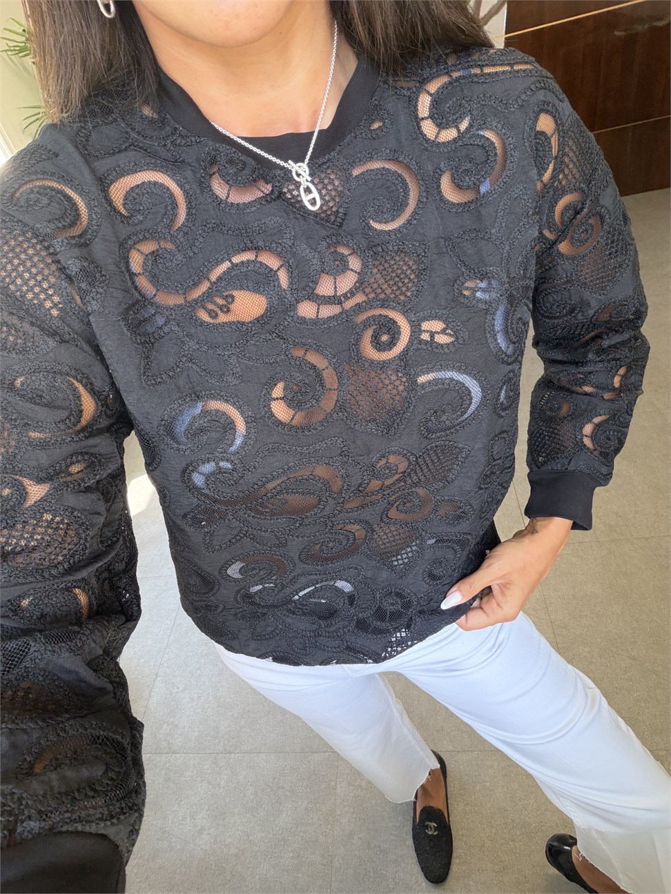 Siyah Güpürlü Transparan Sweatshirt