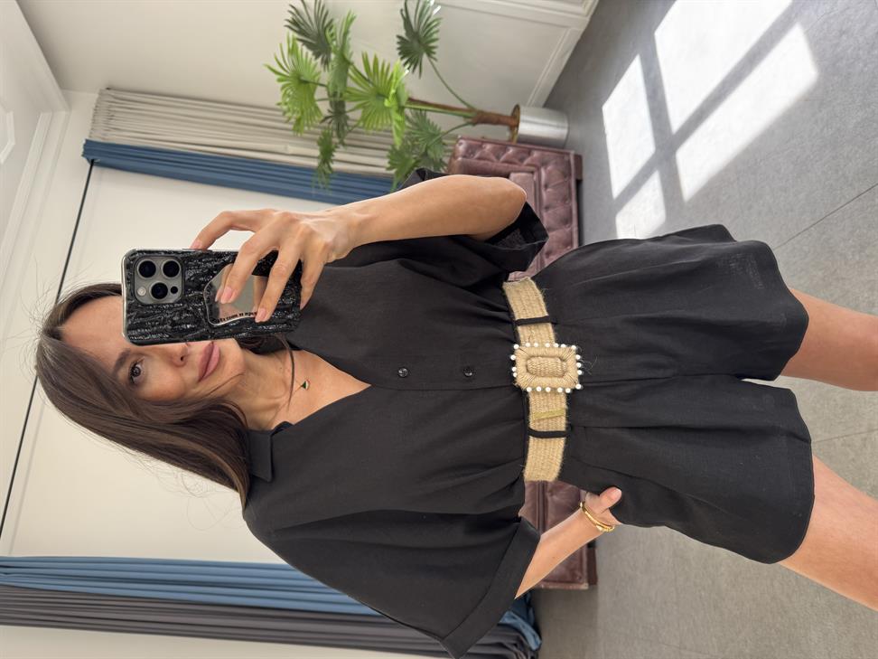 Siyah Hasır Kemerli Gömlek Şort Takım