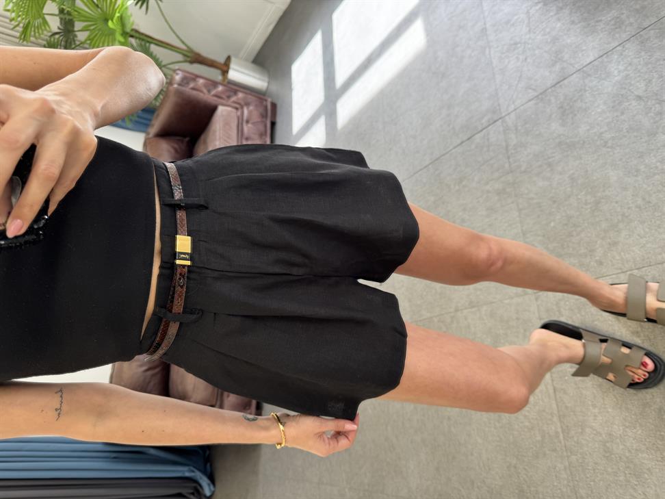 Siyah Hasır Kemerli Gömlek Şort Takım