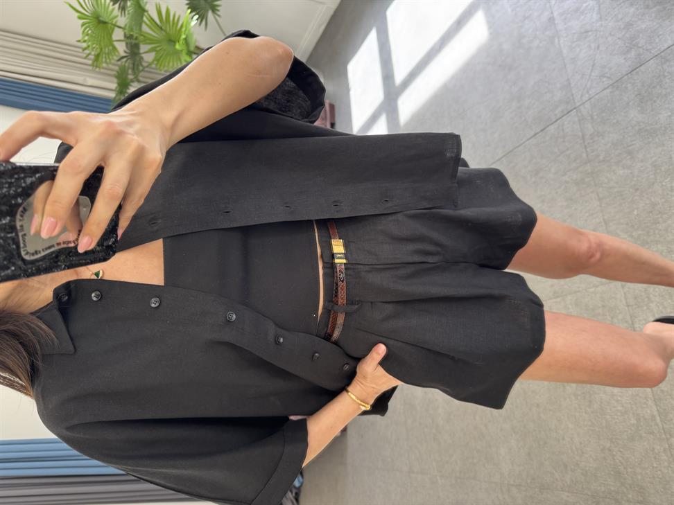 Siyah Hasır Kemerli Gömlek Şort Takım