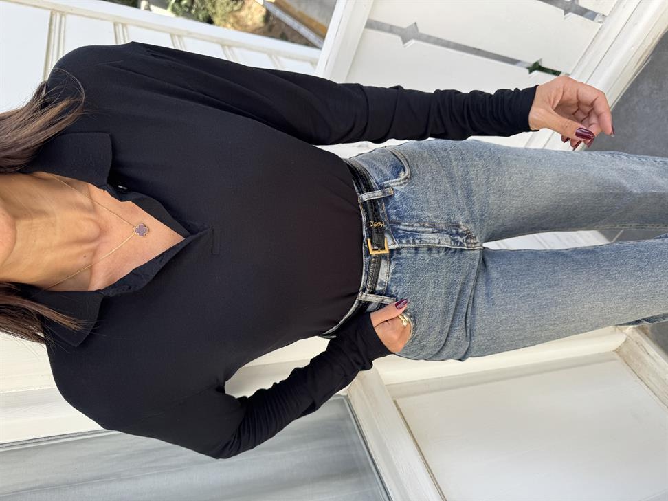 Siyah İnce Doku Polo Yaka Bluz