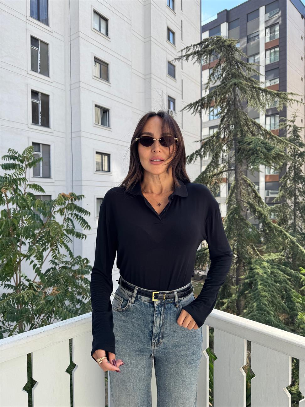 Siyah İnce Doku Polo Yaka Bluz
