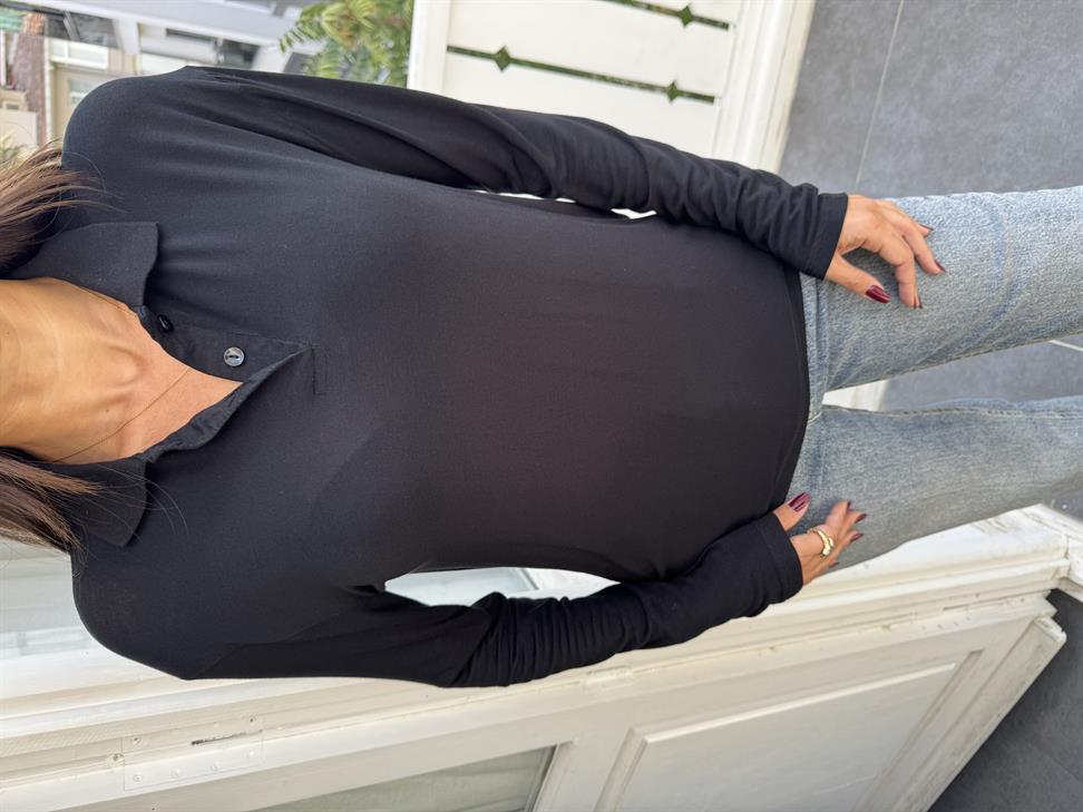 Siyah İnce Doku Polo Yaka Bluz