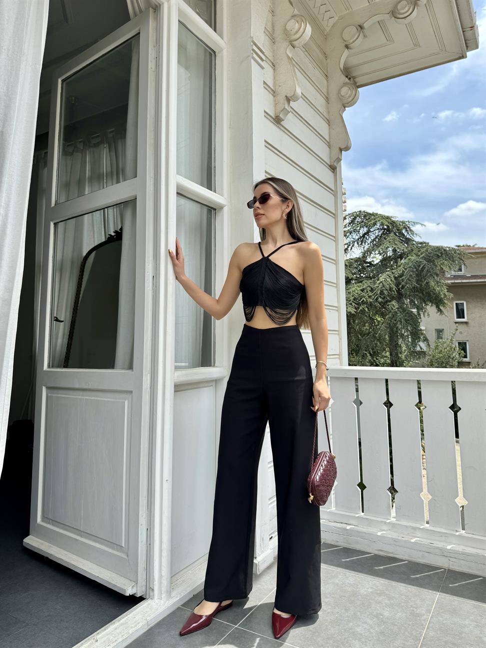 Siyah İp Crop Pantolon Takım