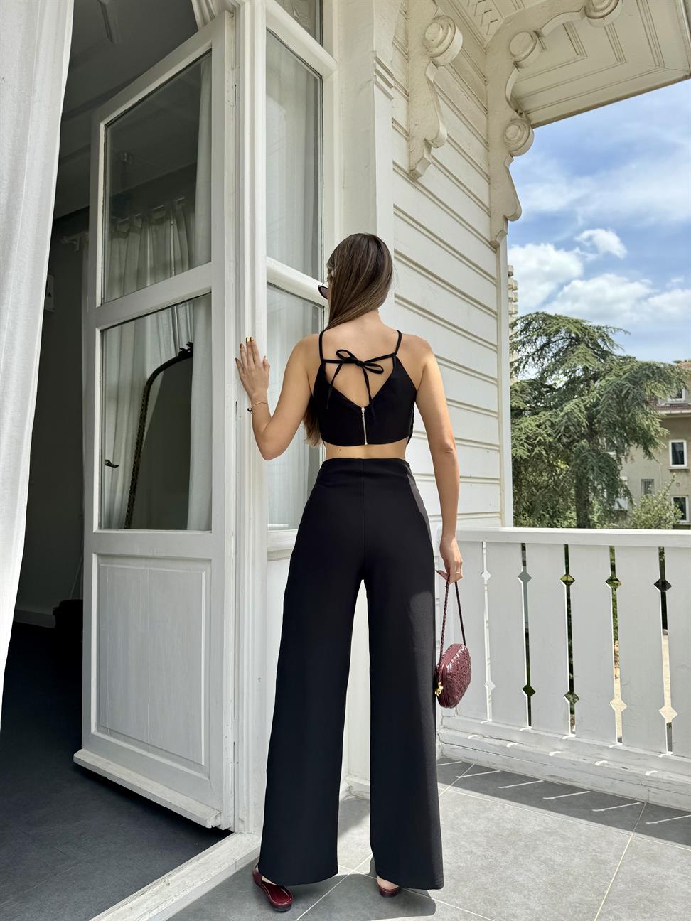 Siyah İp Crop Pantolon Takım