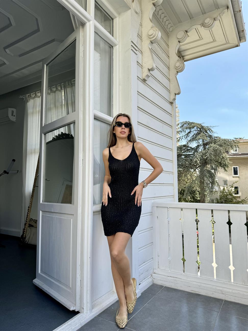 Siyah Işıltılı Mini Triko Elbise