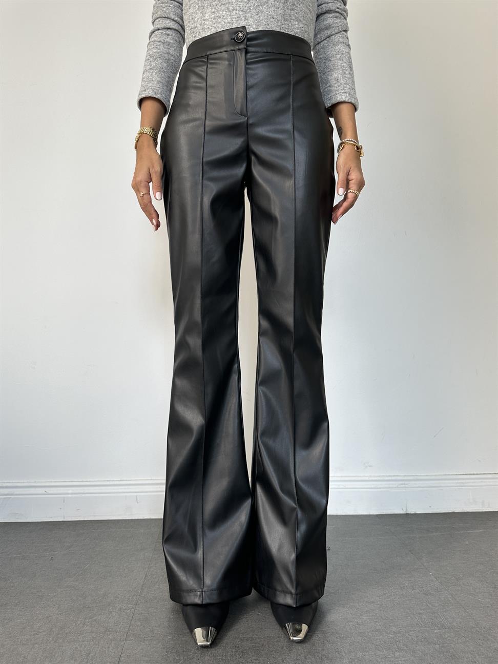 Siyah İspanyol Paça Deri Pantolon