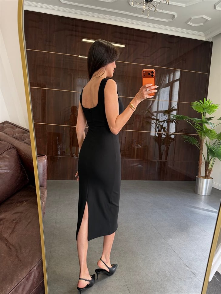 Siyah Kalın Askılı Kalem Elbise