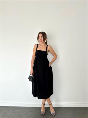 Siyah Kalın Askılı Midi Elbise