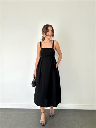 Siyah Kalın Askılı Midi Elbise