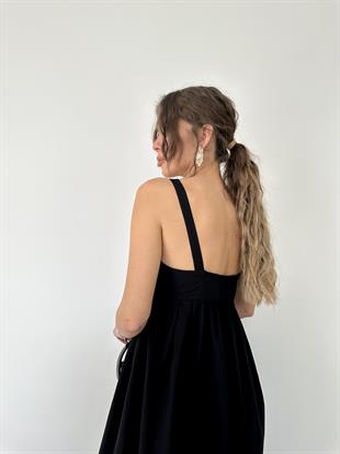 Siyah Kalın Askılı Midi Elbise