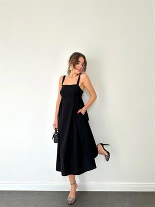 Siyah Kalın Askılı Midi Elbise