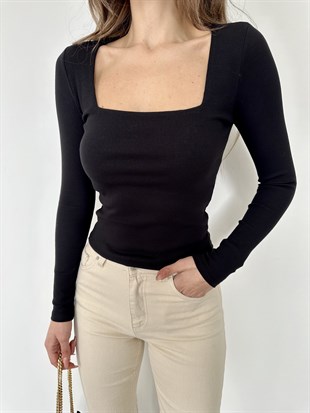 Siyah Kare Yaka Kaşkorse Bluz