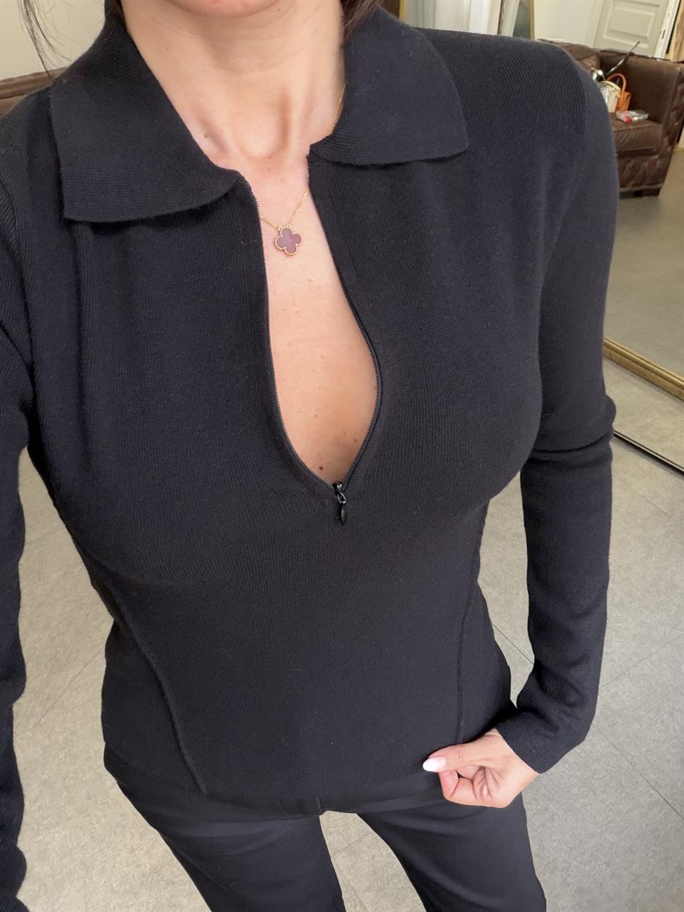 Siyah Kaşmir Karışımlı Fermuarlı Kazak