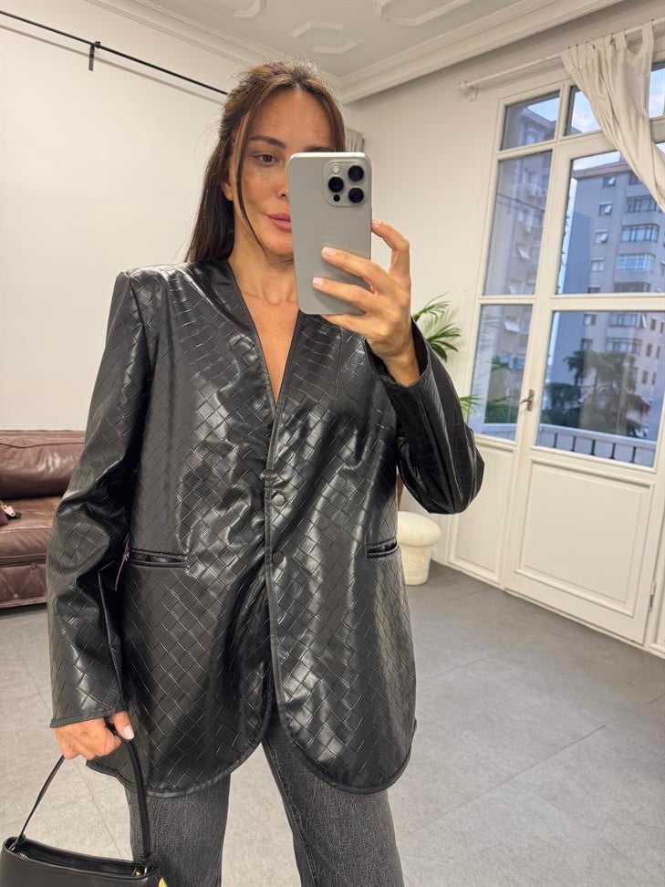Siyah Botte Bağlamalı Deri Blazer Ceket