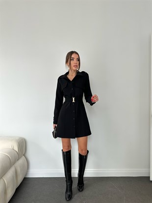 Siyah Kemerli Kısa Gömlek Elbise