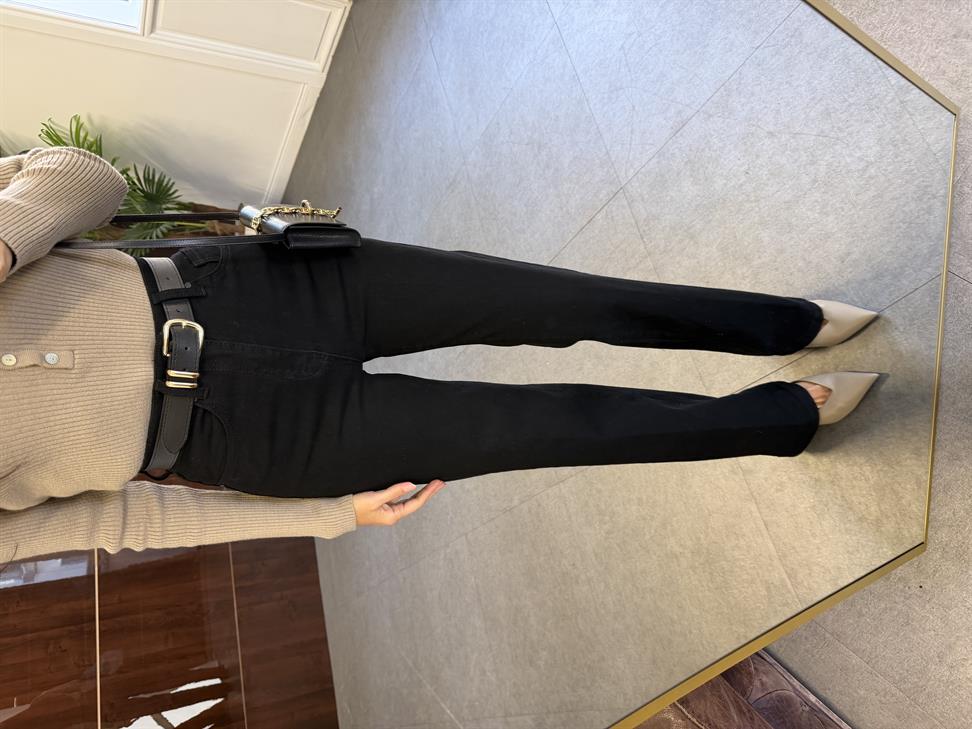 Siyah Kemerli Wide-Leg Jean Pantolon