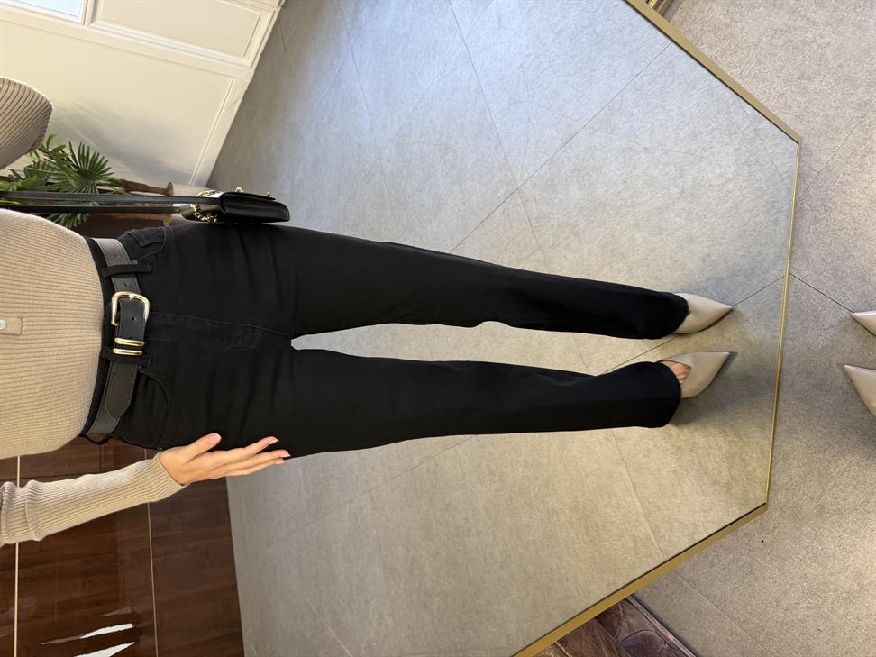 Siyah Kemerli Wide-Leg Jean Pantolon