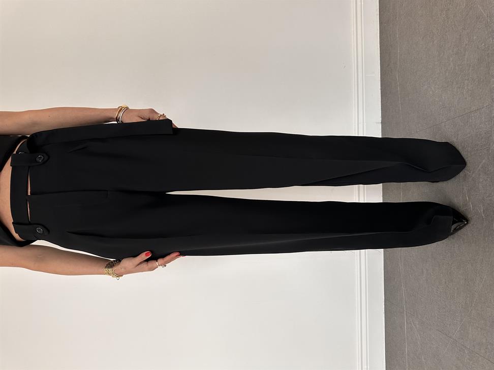 Siyah Kemerli Yüksek Bel Palazzo Kumaş Pantolon