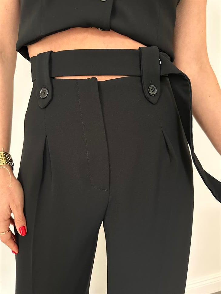 Siyah Kemerli Yüksek Bel Palazzo Kumaş Pantolon