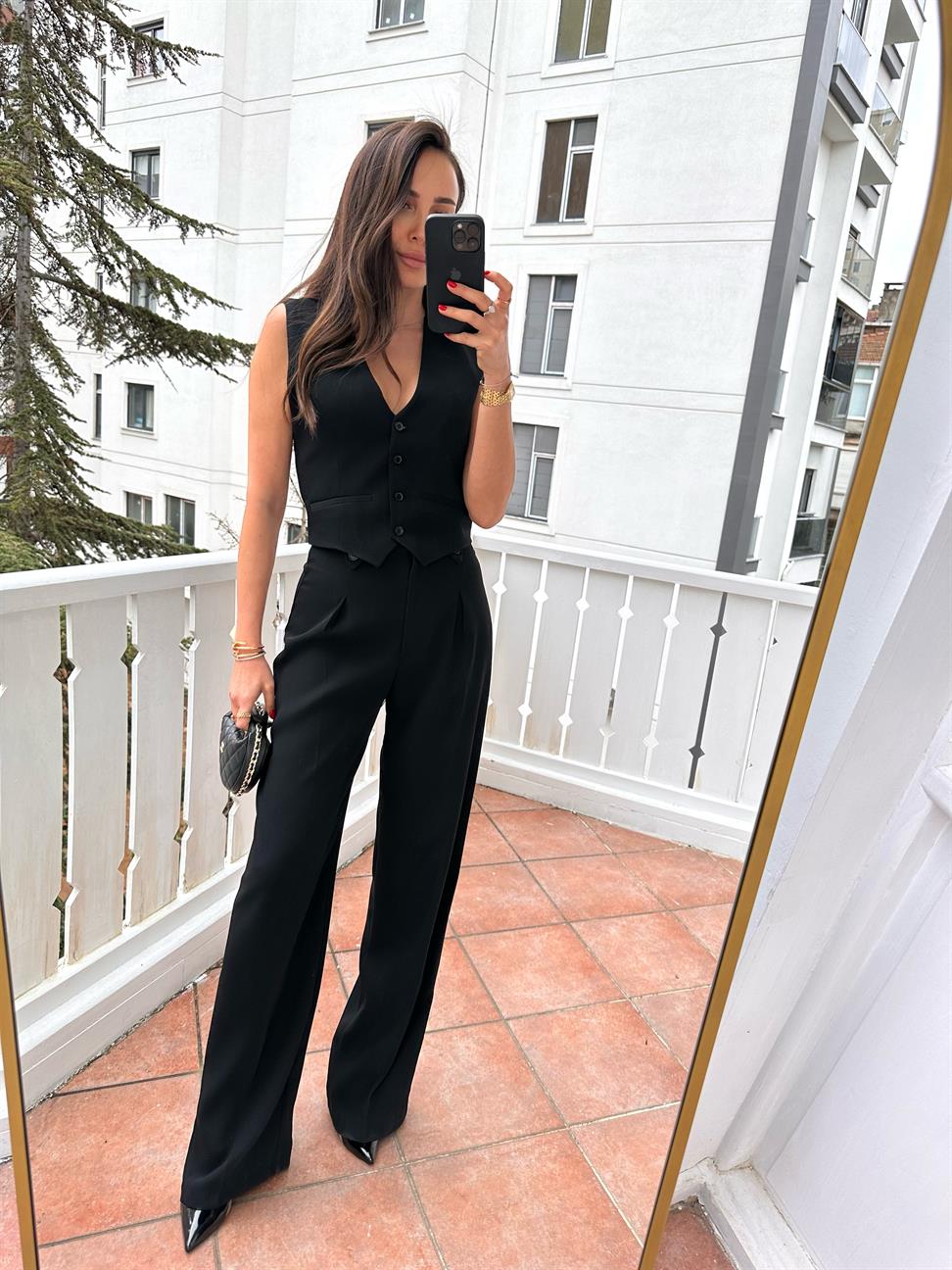 Siyah Kemerli Yüksek Bel Palazzo Kumaş Pantolon