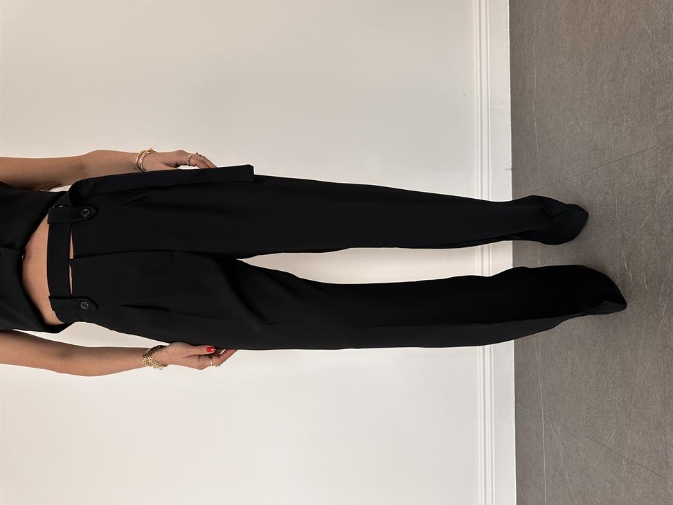 Siyah Kemerli Yüksek Bel Palazzo Kumaş Pantolon