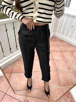 Siyah Kendinden Desenli Parlak Kumaş Pantolon