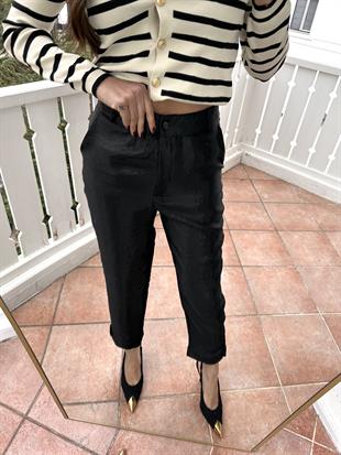 Siyah Kendinden Desenli Parlak Kumaş Pantolon