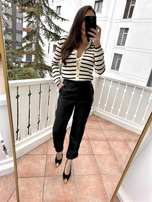 Siyah Kendinden Desenli Parlak Kumaş Pantolon