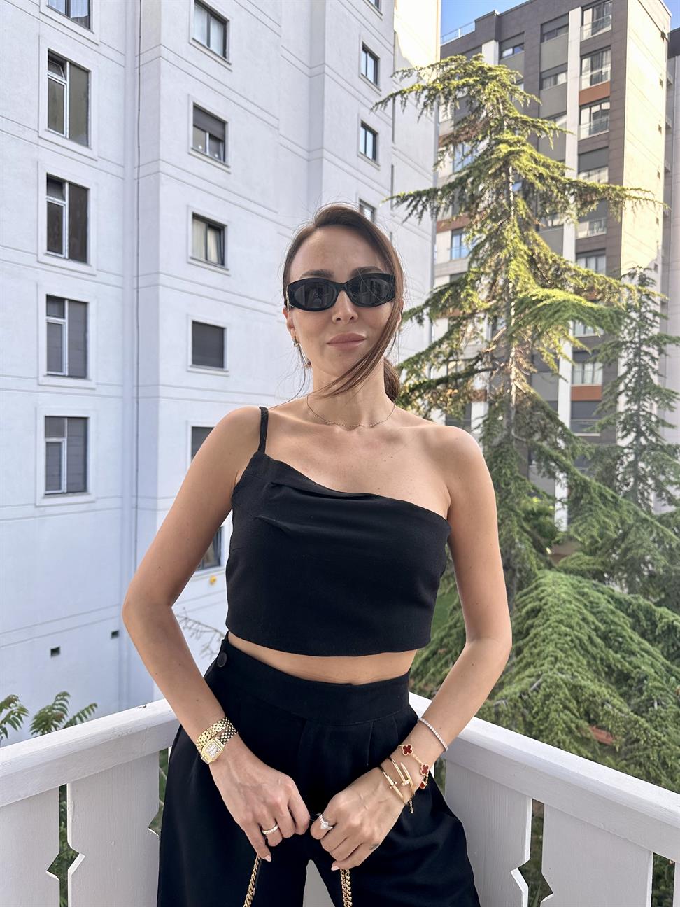 Siyah Keten Bluz Pantolon Takım