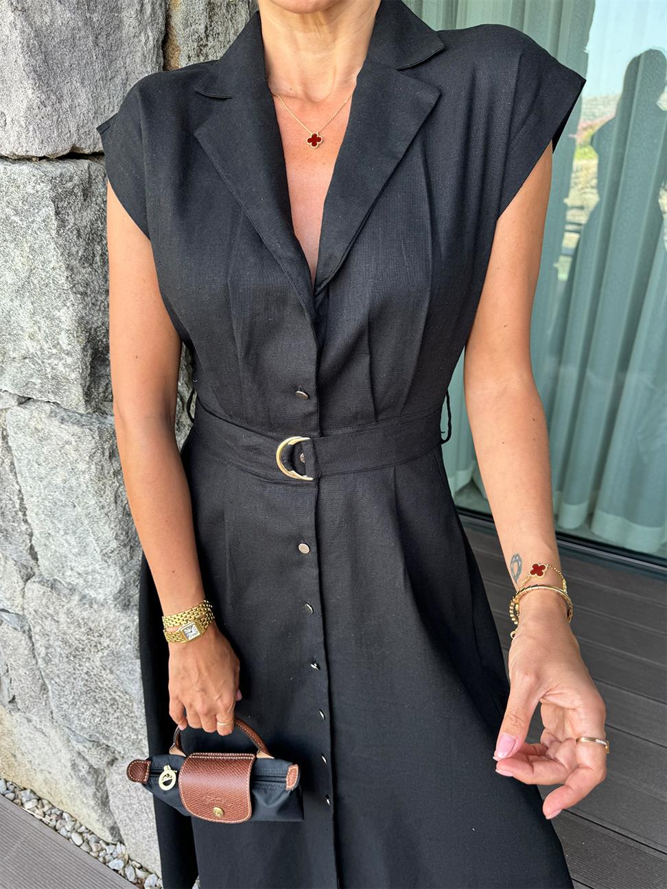 Siyah Keten Kemerli Elbise