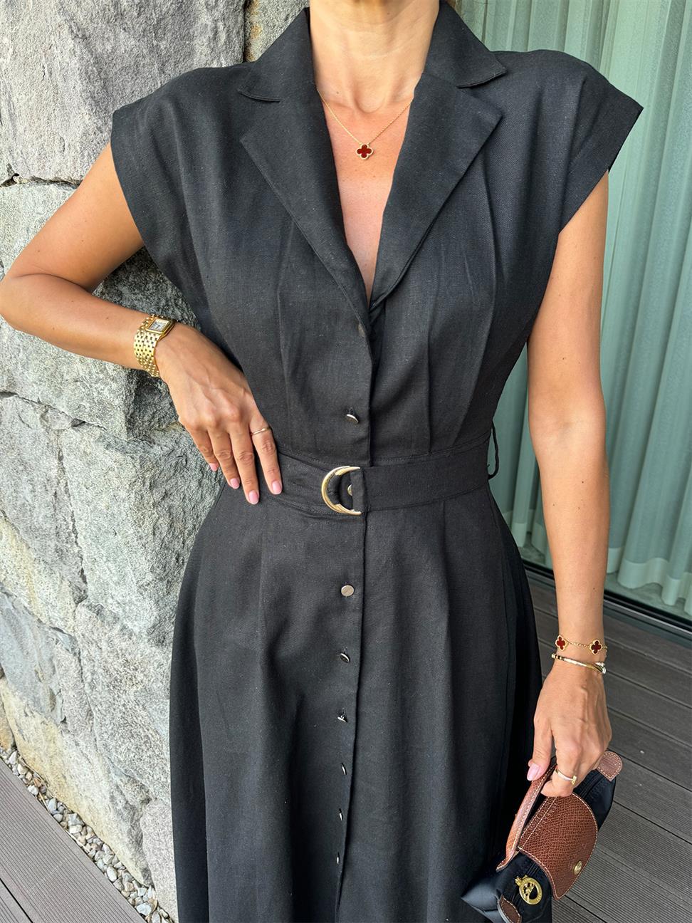 Siyah Keten Kemerli Elbise