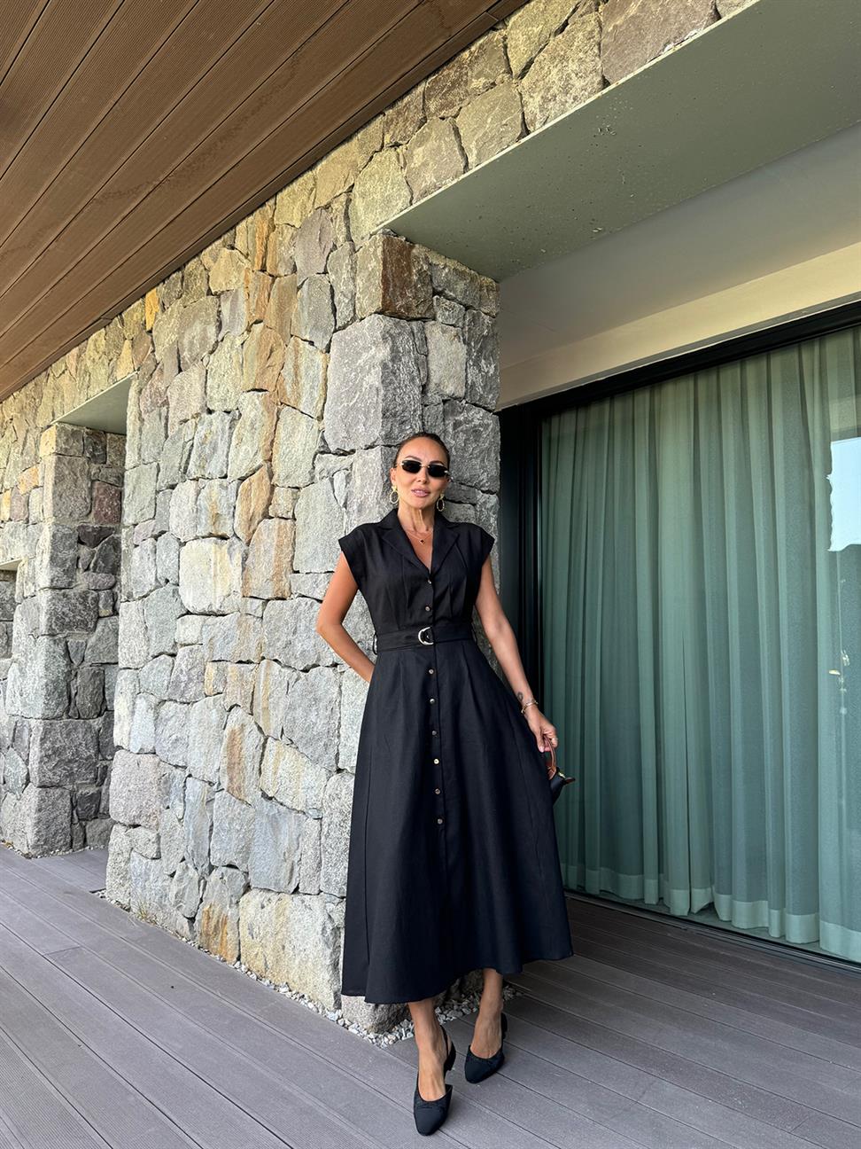 Siyah Keten Kemerli Elbise