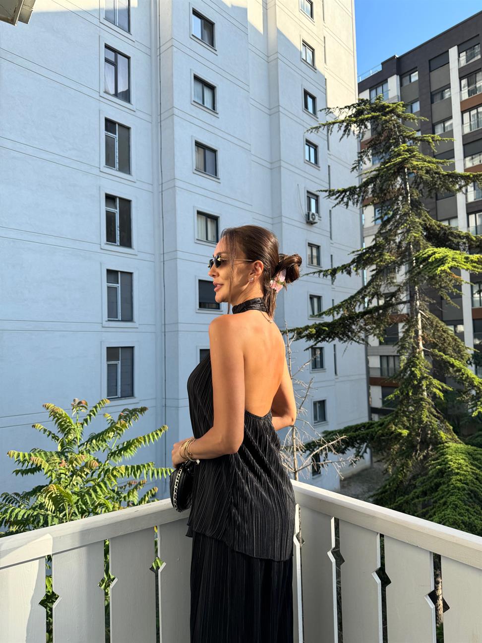 Siyah Kırınkıl Kumaş Bluz Takım