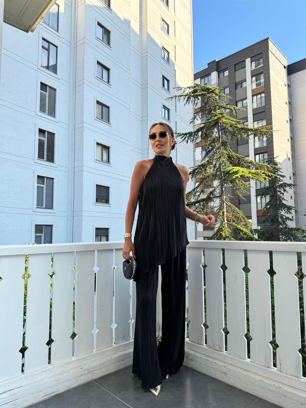 Siyah Kırınkıl Kumaş Bluz Takım