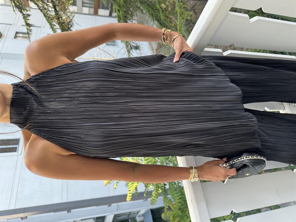 Siyah Kırınkıl Kumaş Bluz Takım