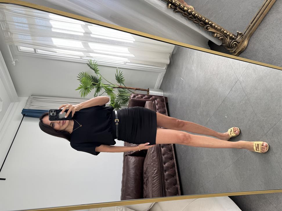 Siyah Kısa Kollu Drapeli Cotton Elbise